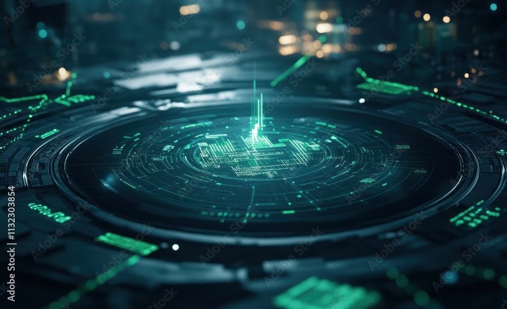 Aufkleber futuristic digital interface with glowing green data streams and circular display.