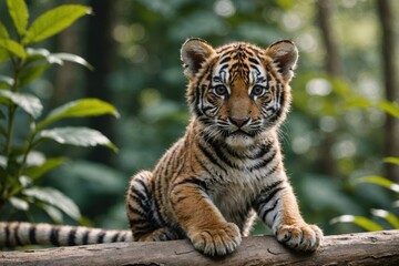 Obraz premium Close view of Javan Tiger cub against natural environment blurred background.