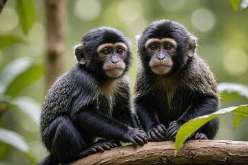 Fototapeta premium Close view of Saki Monkey cub against natural environment blurred background.