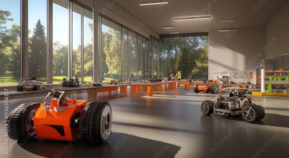 Poster Modern robotics lab with various robots on display, sunlight streaming through large windows overlooking a park.
