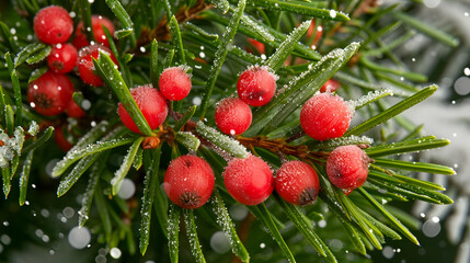 Obraz premium Frosted Winter Berries on Evergreen Branch