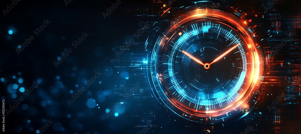 Poster a futuristic image of a digital clock with glowing numbers, representing time management in business