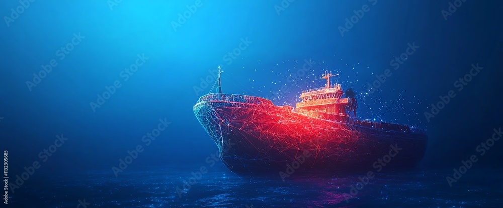 Poster a digital representation of a ship illuminated in an underwater scene.