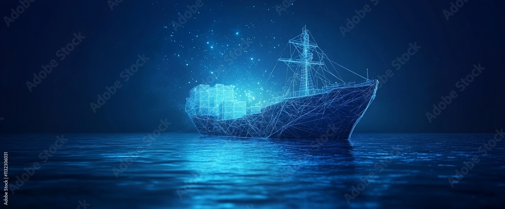 Poster a digital representation of a cargo ship with glowing elements on water.