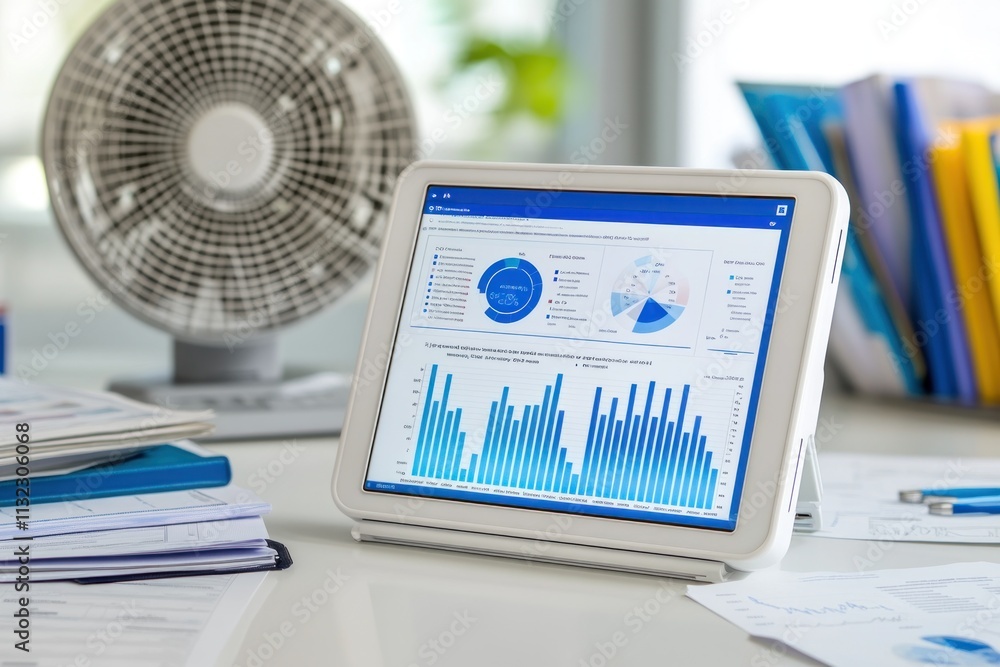 Poster Tablet displaying data charts and graphs on a desk with a fan and documents.