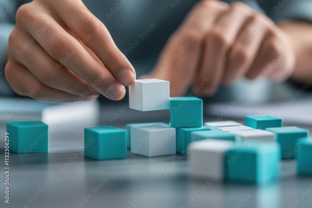 Poster close-up of hands arranging white and teal blocks.