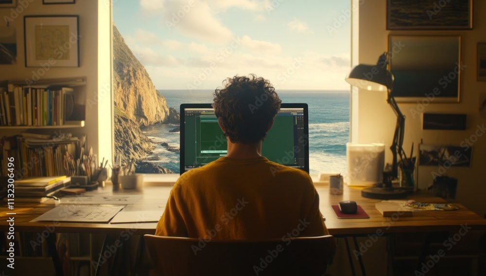 Poster person working at computer overlooking ocean view.