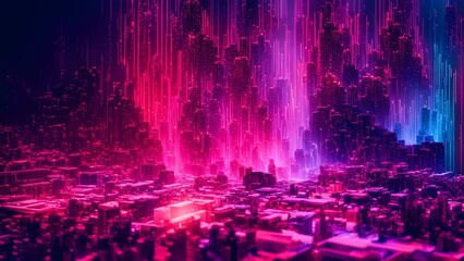 Obraz premium A vibrant, futuristic cityscape with glowing structures and cascading light effects.