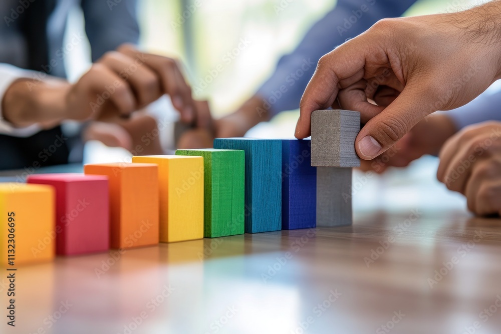 Aufkleber hands collaboratively building a colorful block staircase, symbolizing growth and teamwork.