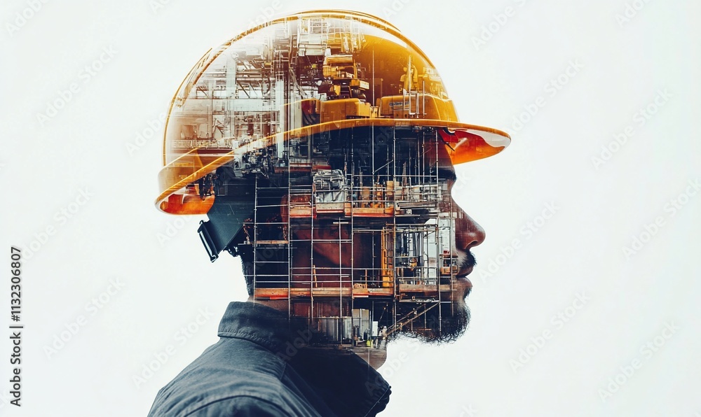 Poster a double exposure image of a worker's profile with industrial elements.