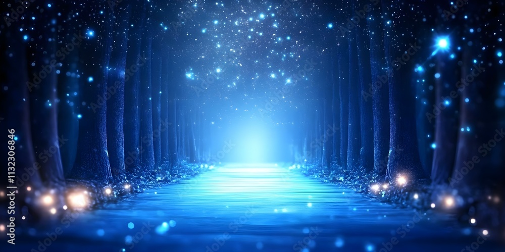 Poster a mystical forest path illuminated by blue light and sparkling stars, creating an enchanting and ser