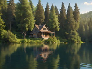 Obraz premium A house in the middle of a lake surrounded by trees