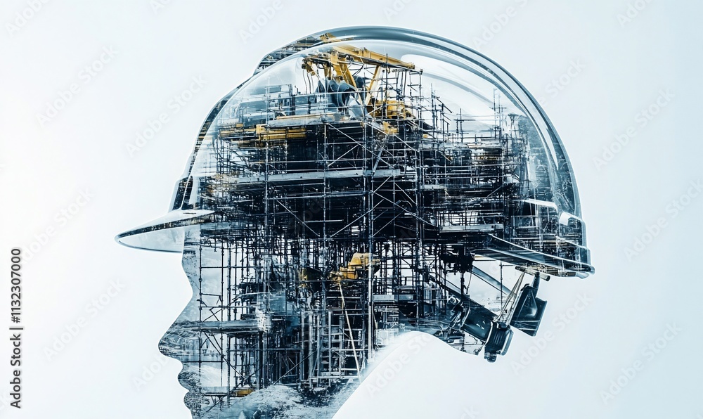 Poster a double exposure of a construction worker's silhouette with scaffolding.