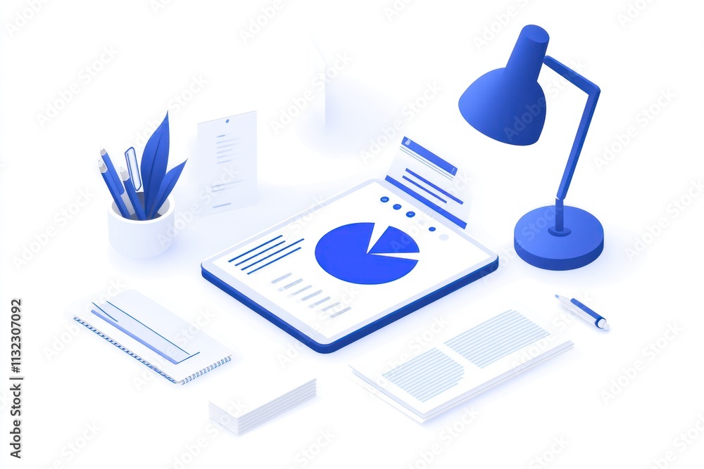 Poster isometric illustration of a desk with a tablet displaying a pie chart, stationery, and a desk lamp.