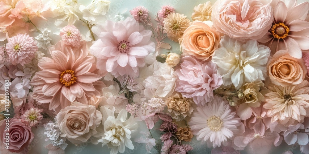 Poster Soft and dreamy floral background featuring vibrant flowers, creating a serene and tranquil atmosphere with an abundance of color and texture from delicate flowers for versatile use.