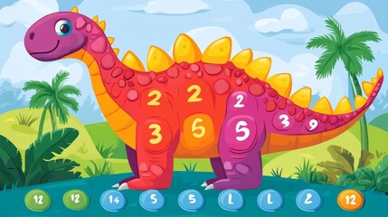 Naklejka premium Color by number – dinosaur. Dino Activities for kids. Coloring page for activity book. Vector illustration. Logic Game for boost of fine motor skills, thinking, attention, learning of numbers.