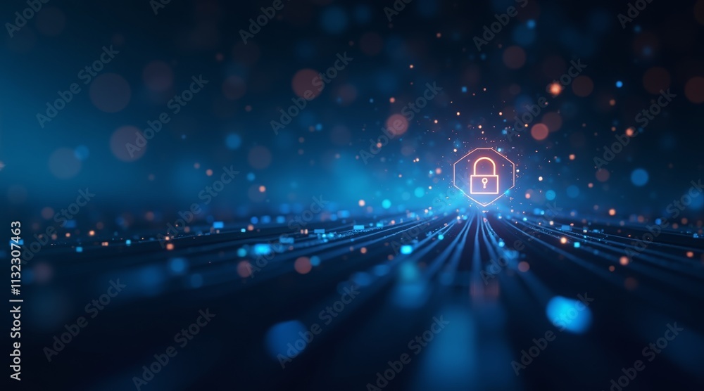 Poster glowing padlock with radiating blue light beams and bokeh effect symbolizing digital security concep