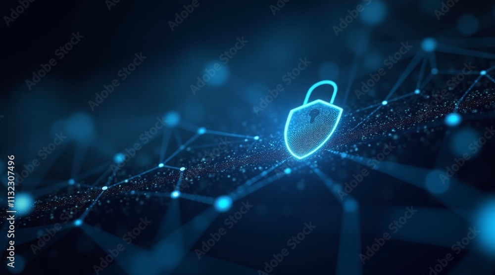 Aufkleber glowing blue padlock on dark background with digital network particles representing cybersecurity