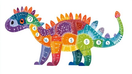 Fototapeta premium Color by number – dinosaur. Dino Activities for kids. Coloring page for activity book. Vector illustration. Logic Game for boost of fine motor skills, thinking, attention, learning of numbers.