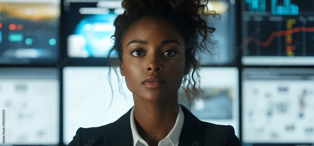 Poster a focused professional woman in front of multiple data screens.