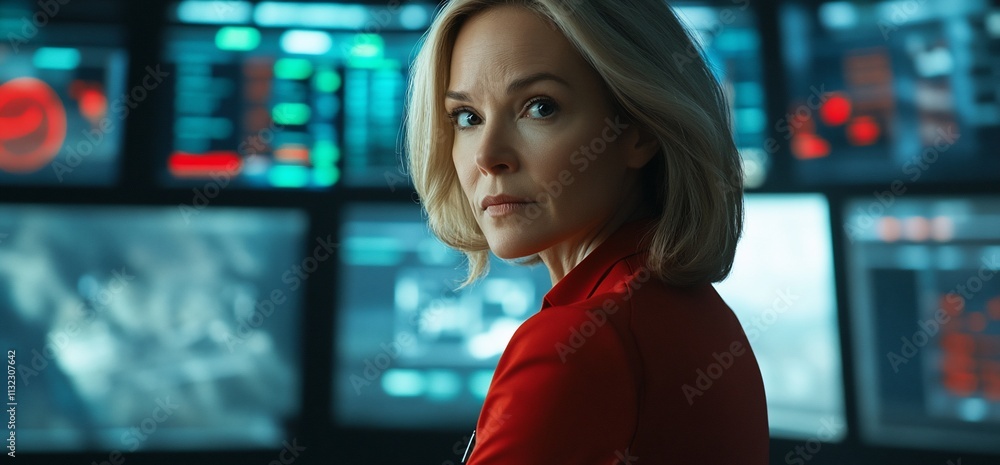 Poster a focused woman in a red jacket, surrounded by digital screens displaying data.