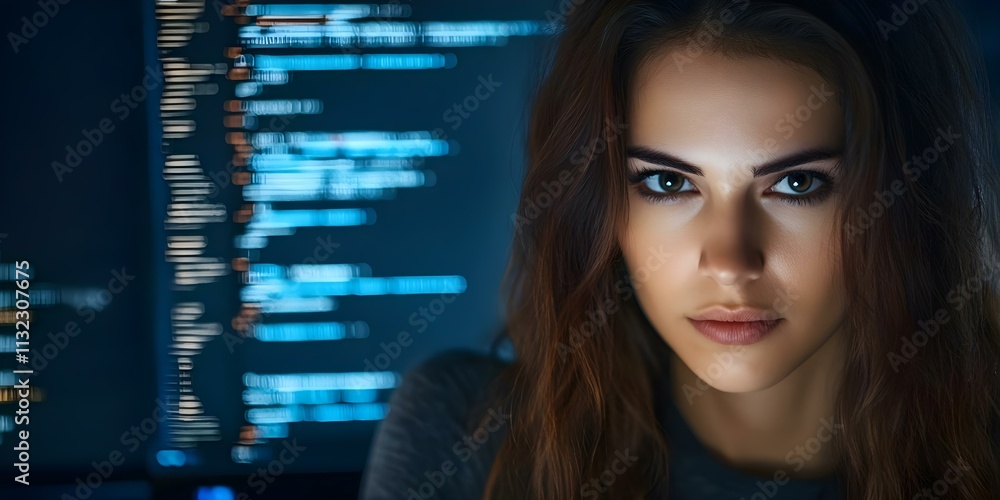 Poster a person with long hair is looking directly at the camera, with computer code displayed on a screen 