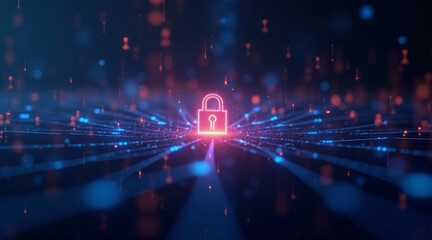 Obraz premium Glowing padlock with radiating light beams in blue and red digital space representing cybersecurity