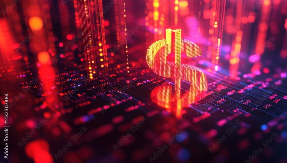 Poster digital financial concept with glowing dollar sign surrounded by colorful data streams and abstract 