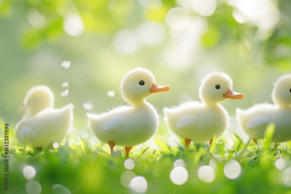 Poster four fluffy ducklings walk in a row on green grass in sunlight.