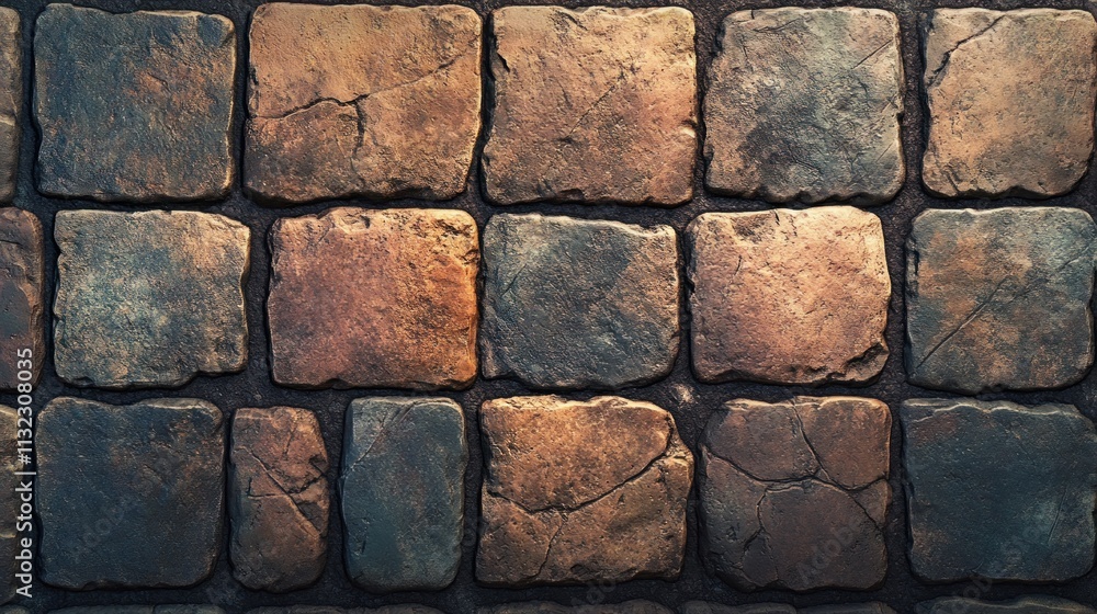 Poster a close-up view of textured stone pavement with visible cracks and variations in color.