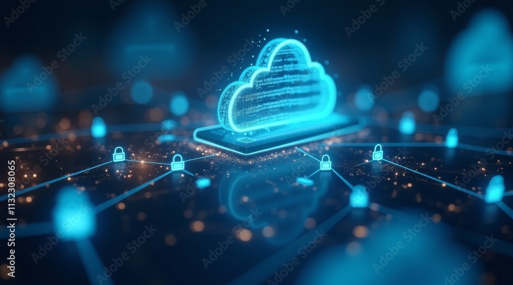 Poster digital cloud with locks and connections, representing cloud security and data protection