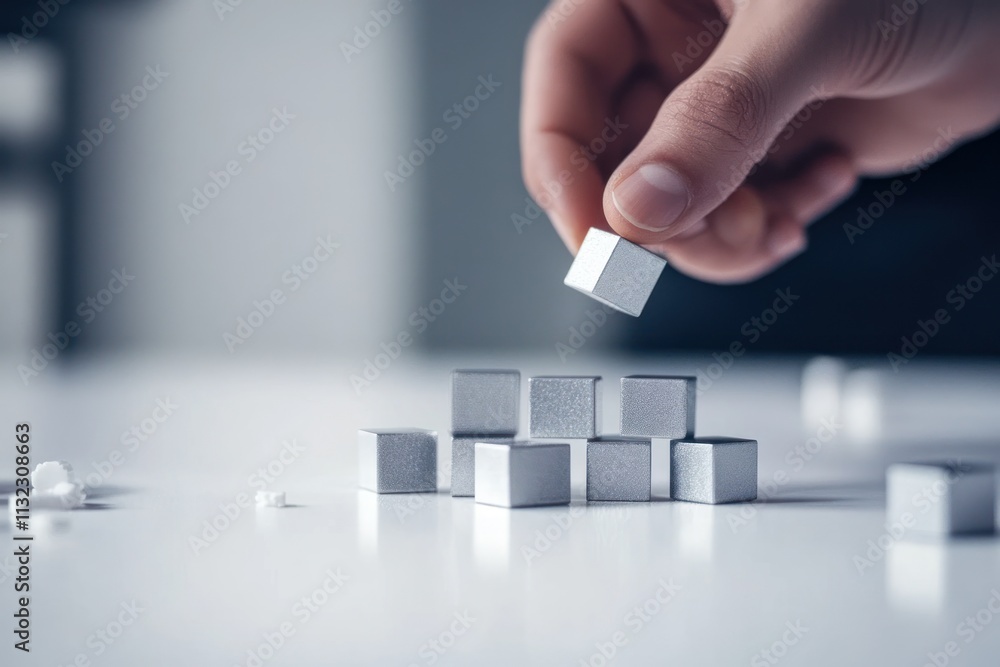 Aufkleber hand placing a silver cube onto a cluster of similar cubes on a white surface.