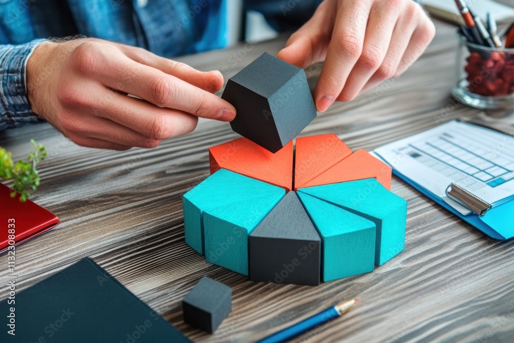 Poster hands building a 3d pie chart from blocks on a wooden desk.