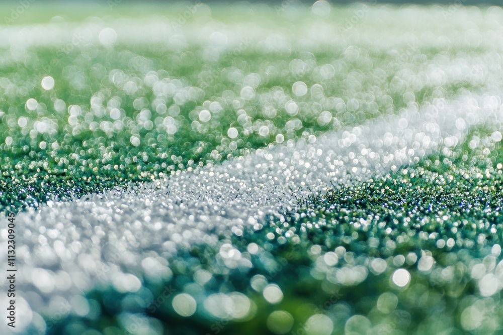 Aufkleber close-up of dew drops on artificial turf field line.