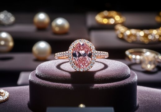Exquisite Pink Diamond Ring Surrounded by Luxurious Jewelry Display with Pearls and Gold Accents in an Elegant Setting