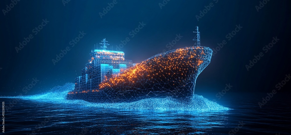 Poster a futuristic cargo ship illuminated with glowing lines in dark waters.