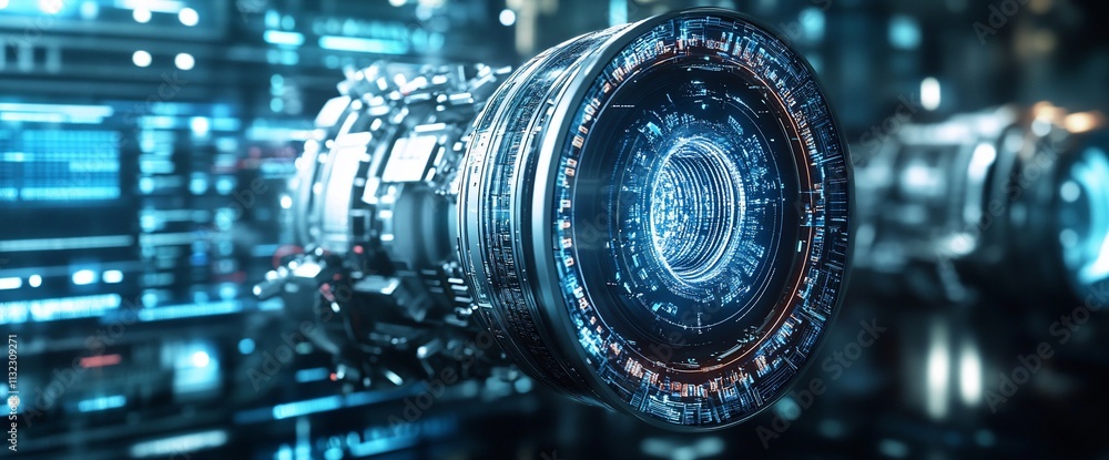 Aufkleber a futuristic camera lens with intricate circuitry and digital elements.
