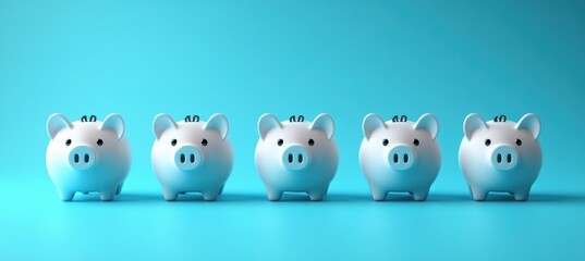 Five Cute White Piggy Banks in a Row on a Vibrant Blue Background Representing Savings, Financial Goals, and Budgeting for Modern Living