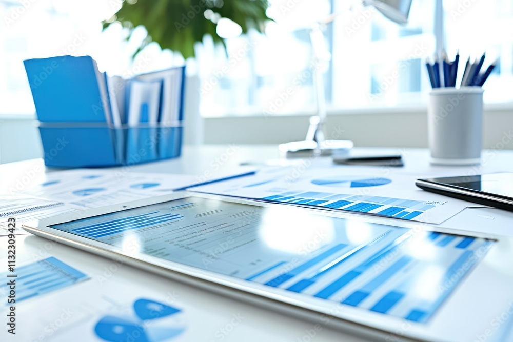 Poster Tablet displaying financial data on a desk with charts and reports.