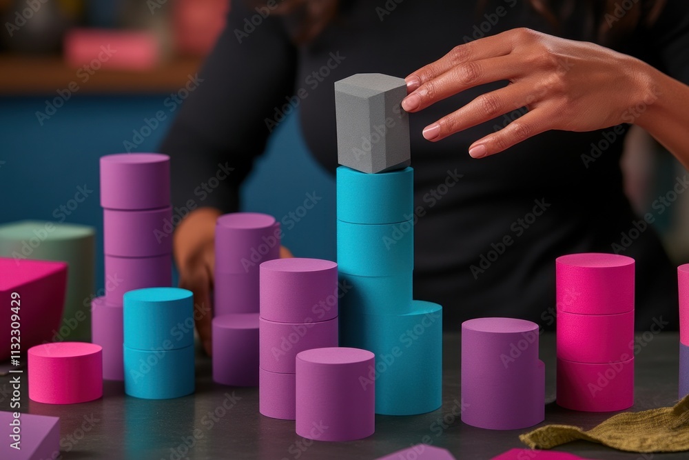 Aufkleber Close-up of hands building a tower with colorful blocks.