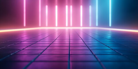 A vibrant, futuristic scene featuring glowing neon lights in pink and blue, reflected on a tiled floor. Concept Futuristic Aesthetics, Neon Lights, Vibrant Color Palette, Reflected Surfaces