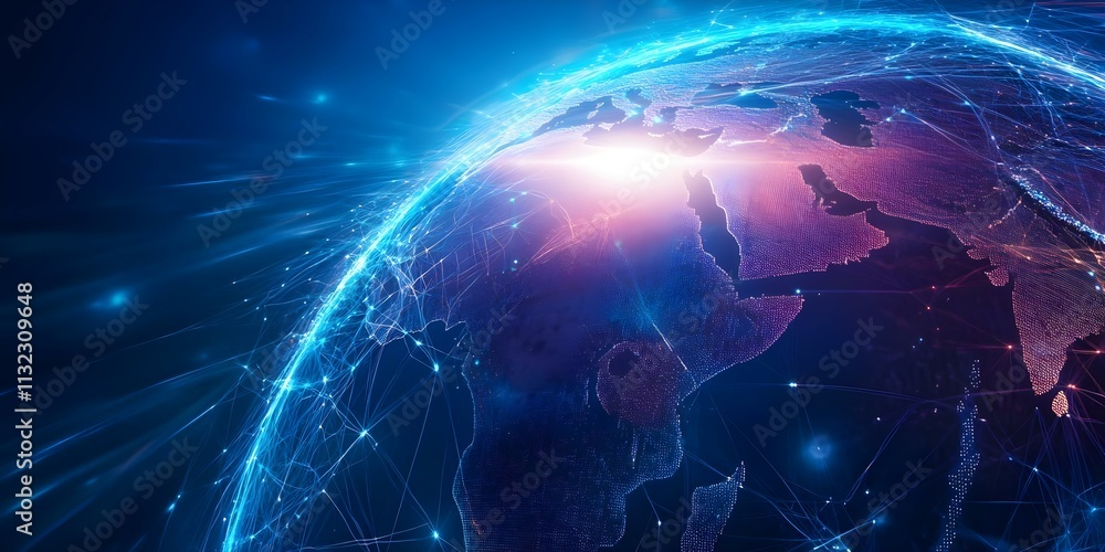 Poster a digital representation of earth showcasing a network of lines and connections, symbolizing global 