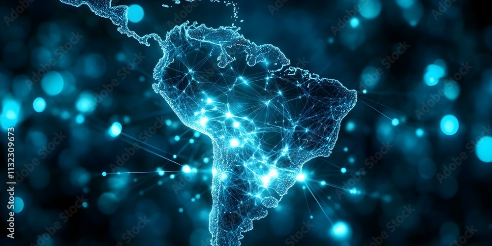 Poster a digital representation of south america with interconnected points of light, symbolizing technolog