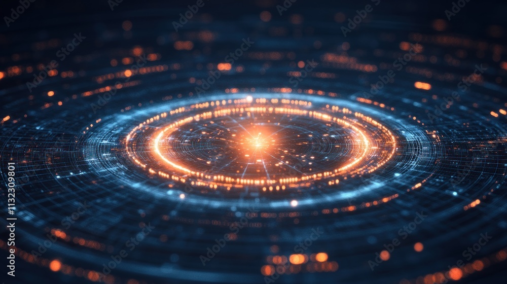 Poster abstract digital visualization of concentric circles with glowing elements.