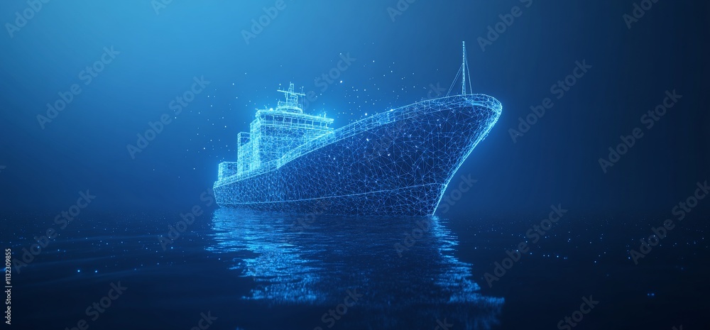 Poster a glowing holographic representation of a ship in a serene ocean setting.