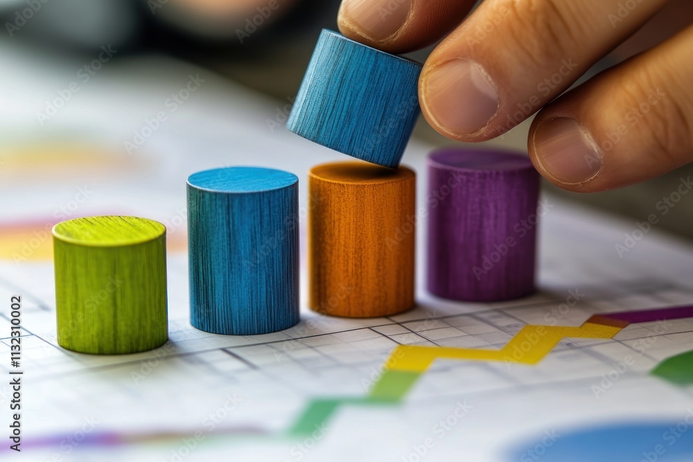 Poster hand placing wooden block on colorful graph.