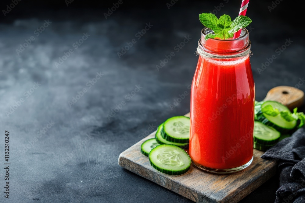 Poster refreshing red smoothie in glass bottle with cucumber slices and mint.