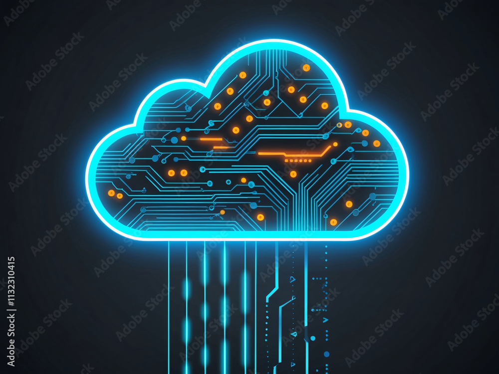 Poster abstract illustration of a digital cloud with circuitry design in blue and orange colors representin