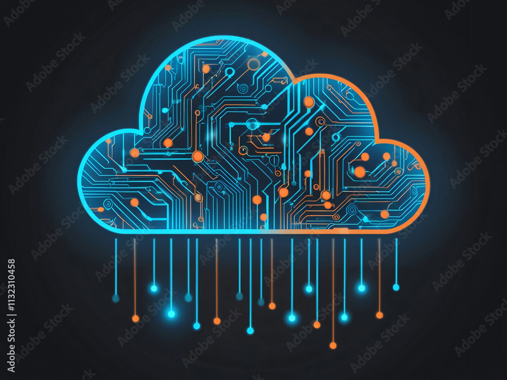 Poster an abstract illustration depicts a digital cloud filled with intricate circuitry patterns in blue an