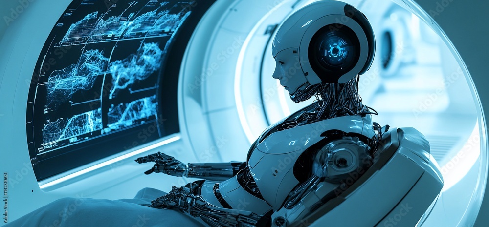 Aufkleber A humanoid robot interacts with a digital interface in a futuristic setting.